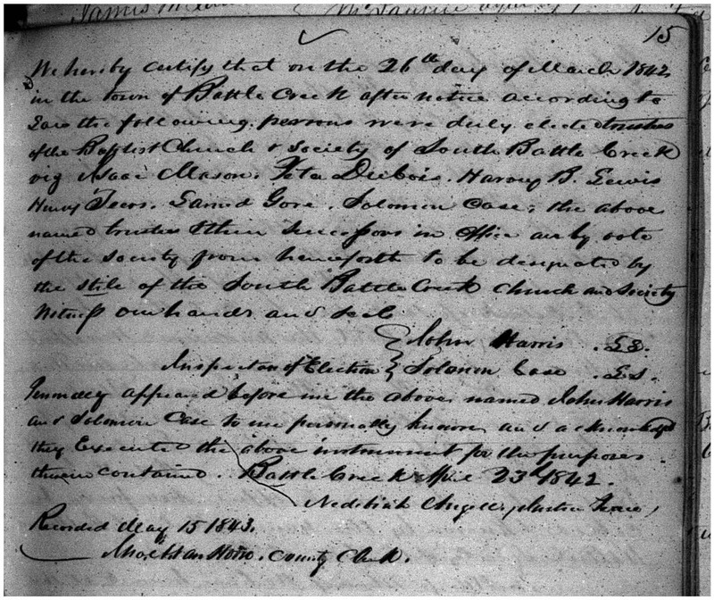 Baptist Church and Society of South Battle Creek Articles of Incorporation