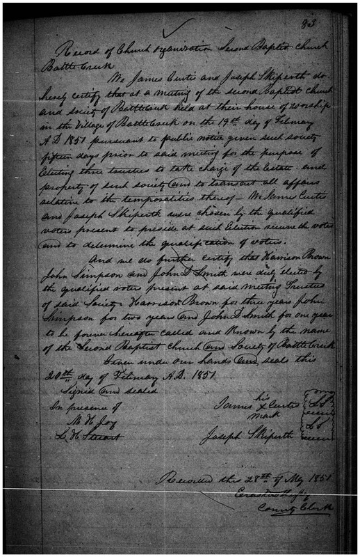 Second Baptist Church and Society of Battle Creek Articles of Incorporation