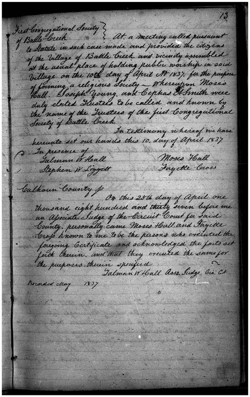 First Congregational Society of Battle Creek Articles of Incorporation