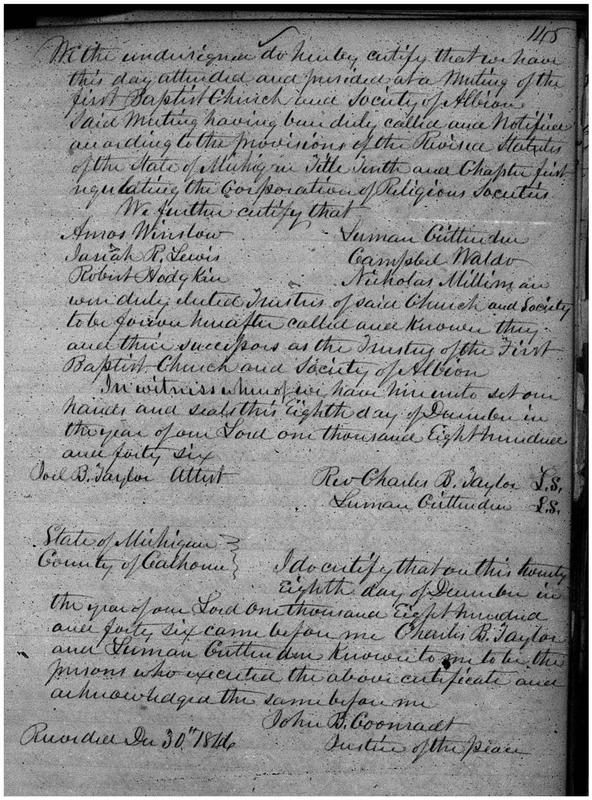First Baptist Church & Society of Albion Articles of Incorporation (1846)