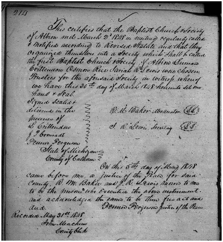 First Baptist Church & Society of Albion Articles of Incorporation (1848)