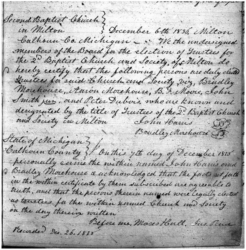 Second Baptist Church and Society in Milton [Battle Creek] Articles of Incorporation