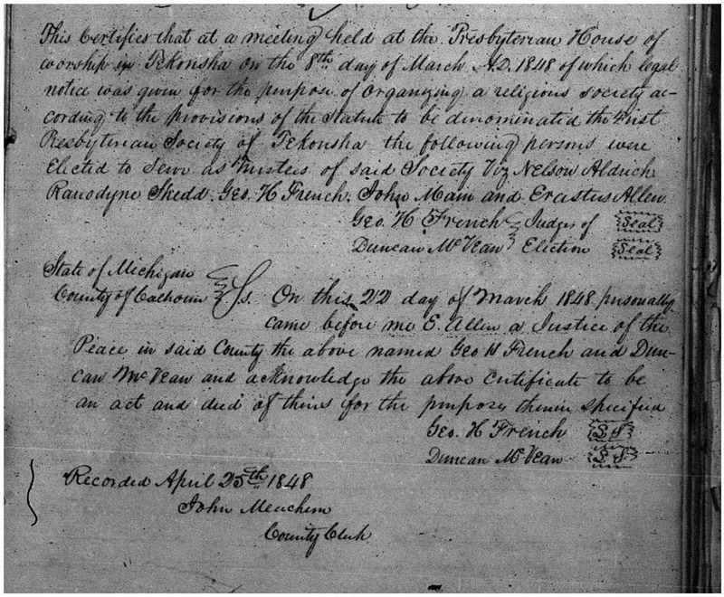 First Presbyterian Society of Tekonsha Articles of Incorporation