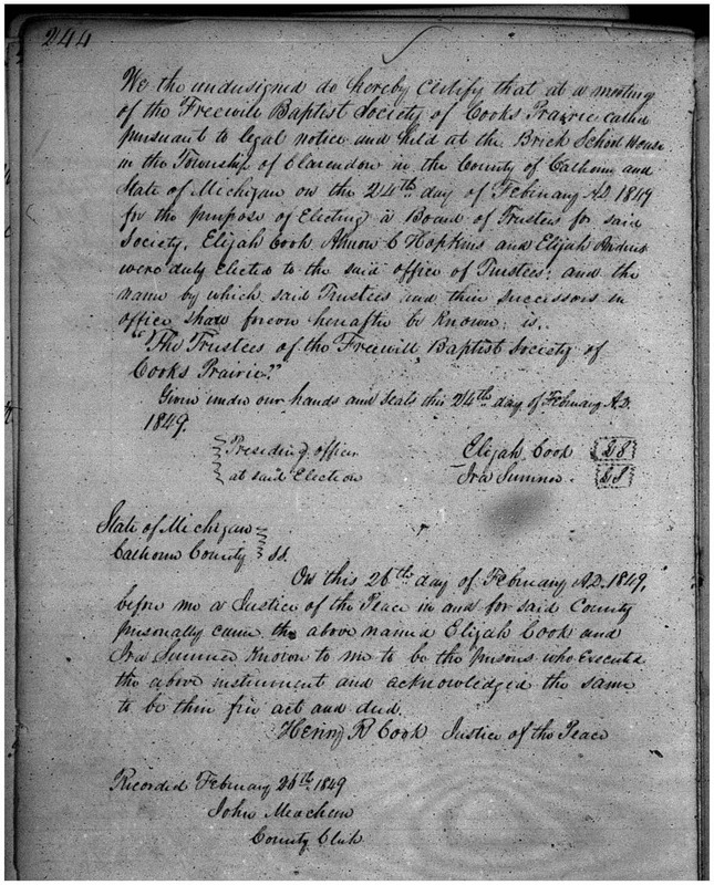 Freewill Baptist Society of Cooks Prairie Articles of Incorporation