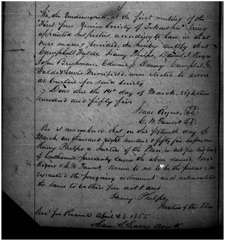 First Free Union Society of Tekonsha Articles of Incorporation