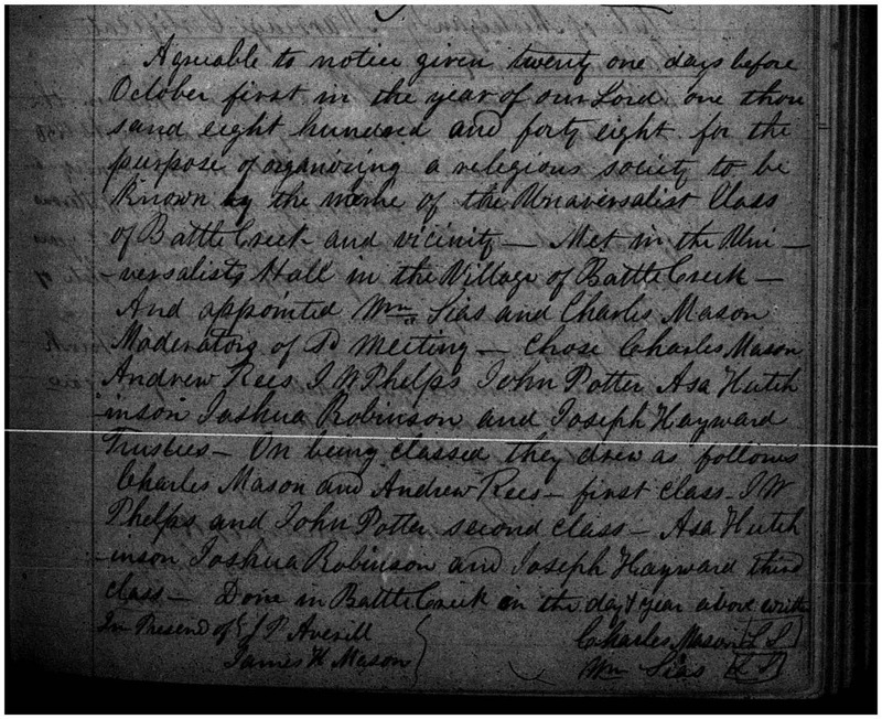 Universalist Class of Battle Creek and Vicinity Articles of Incorporation