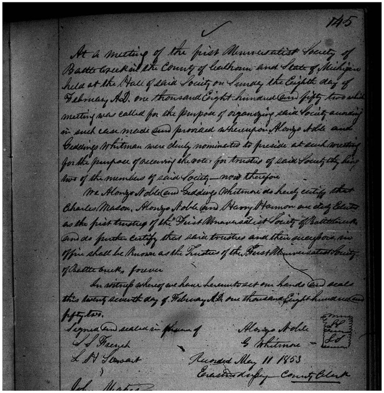 First Universalist Society of Battle Creek Articles of Incorporation (1852)