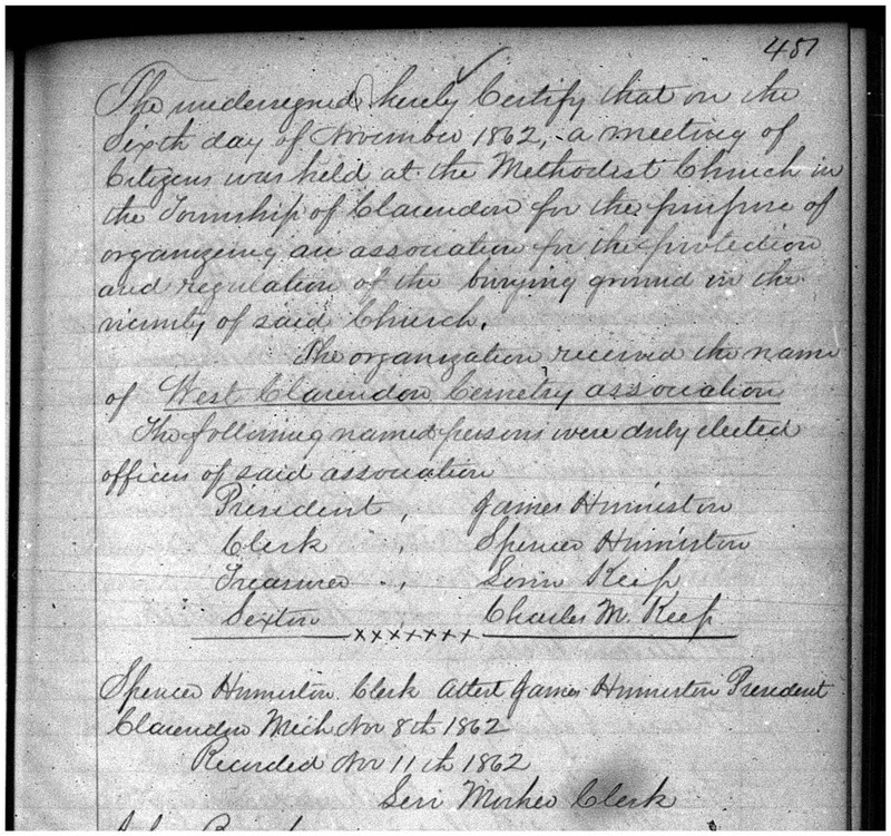 West Clarendon Cemetery Association Articles of Incorporation