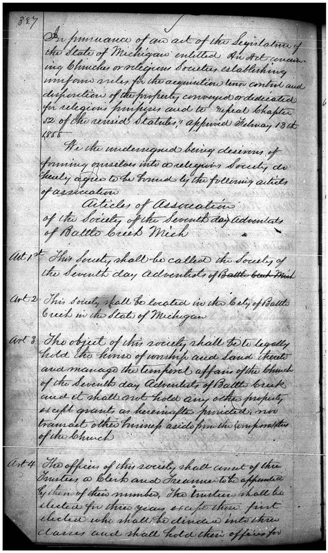 Society of the Seventh Day Adventists of Battle Creek Articles of Incorporation