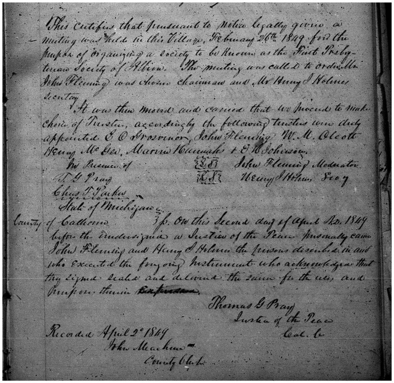 First Presbyterian Society of Albion Articles of Incorporation