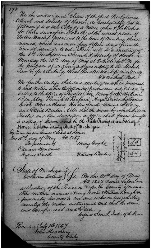 First Presbyterian Society of Homer Articles of Incorporation